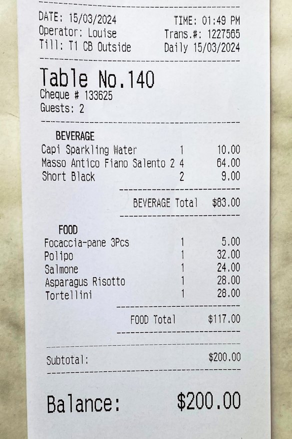 The receipt from Florentino Cellar Bar.