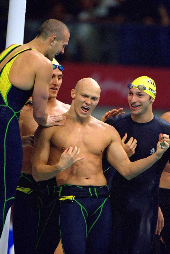 Ashley Callus, Chris Fydler, Michael Klim and Ian Thorpe celebrate their 4 x 100m relay win in Sydney.