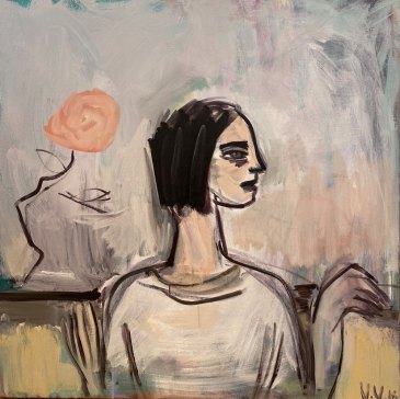 Vicki Varvaressos’ Woman with ‘Just Joey’, 2018. 