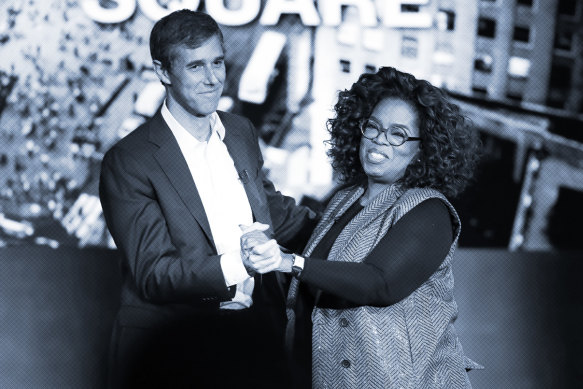 Beto O'Rourke on stage with Oprah Winfrey.