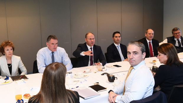Treasurer Josh Frydenberg meeting with other banking ceos at the CBD headquarter in Sydney. Photo by Peter Braig/Pool. 11 March 2020. On the left of Frydenberg is Ross McEwan, CEO of NAB, Josh Frydenberg, and right (with red tie)  Peter King, Westpac's Acting Chief Executive Officer. Facing the camera (yellow tie) is Matt Comyn, CEO of CBA , and next to him is Anna Bligh is the Chief Executive Officer of the Australian Banking Association Pool Pic. Treasurer Josh Frydenberg meeting with other banking ceos at the CBD headquarter in Sydney. Photo by Peter Braig/Pool. 11 March 2020. On the left of Frydenberg is Ross McEwan, CEO of NAB, Josh Frydenberg, and right (with red tie) Peter King, Westpac's Acting Chief Executive Officer. Facing the camera (yellow tie) is Matt Comyn, CEO of CBA , and next to him is Anna Bligh is the Chief Executive Officer of the Australian Banking Association. 