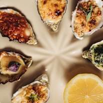 Hot oysters are available in kilpatrick, mornay, baked miso, rockefeller, garlic butter crumb.