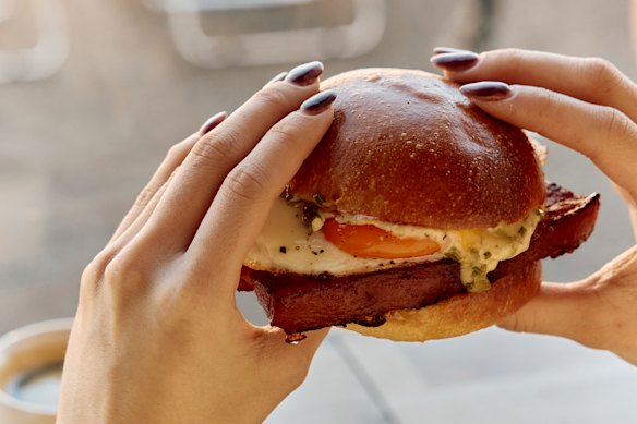 Moon Mart’s bacon and egg rolls is made with thick cut char siu bacon.
