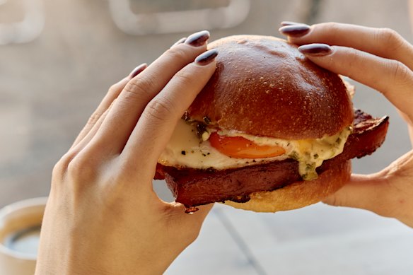 Moon Mart’s bacon and egg roll is made with thick cut char siu bacon.