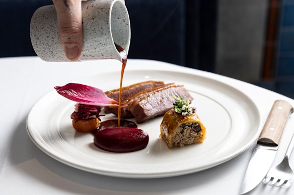 The Great Ocean Road duck dish comprises glazed, roasted breast with the leg and offal turned into a mini sausage roll.