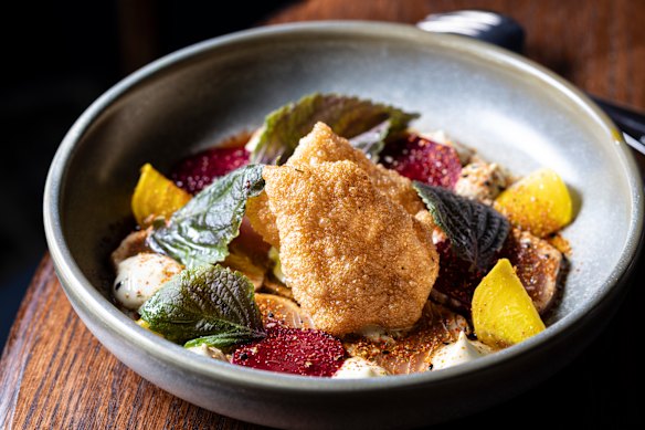 Tuna tataki with pickled beetroot.