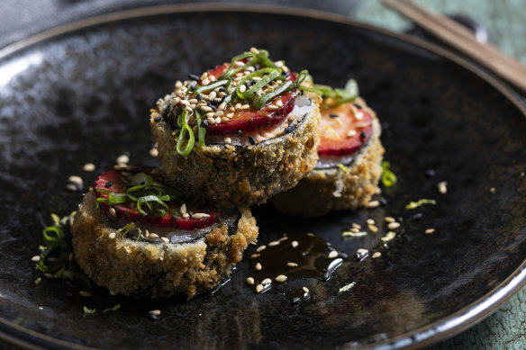 Go-to dish: Tempura hot rolls filled with avocado and topped with a slice of strawberry.