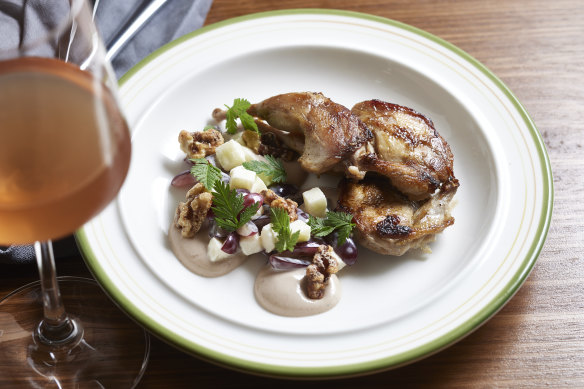 Roasted quail with Waldorf salad and hazelnut puree.
