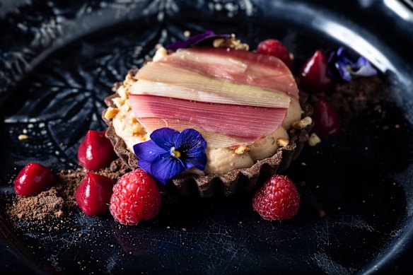 Gianduja (choc-hazelnut) tart lidded with a lattice of shaved rhubarb.