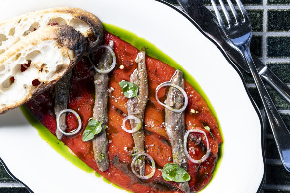 Peppers draped with anchovies.