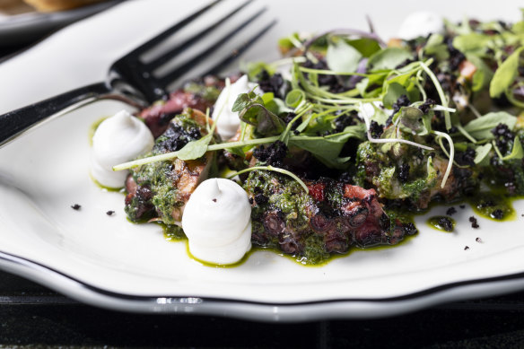 Josper grilled octopus with white  tarama and salmoriglio.