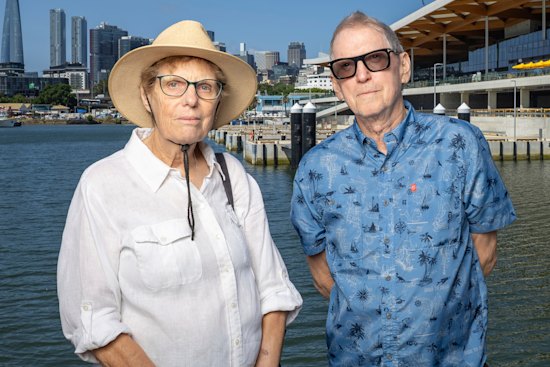 The Glebe Society’s Asa Wahlquist and Duncan Leys in front of the new Sydney Fish Market, which will open on Monday.