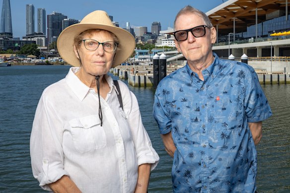 The Glebe Society’s Asa Wahlquist and Duncan Leys in front of the new Sydney Fish Market, which will open on Monday.