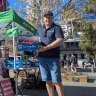 Perth NRM sustainable agriculture manager David Broadhurst, G&A Padula and son orchardist Mick Padula, Stonefruit WA chair Anthony Caccetta and Karragullen orchardist Danny Di Marco promoting WA Stonefruit in Yagan Square, November 27, 2024