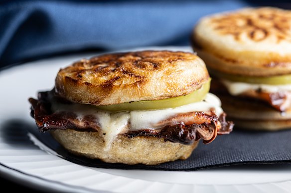 The crescentina filled with crisped mortadella, smoked mozzarella and pickled green tomato.