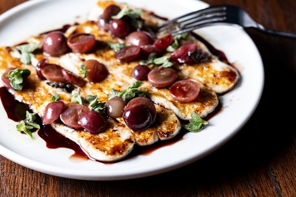 Halloumi with roasted grapes.