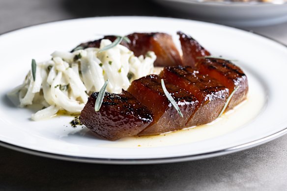 Wood-grilled kohlrabi with sunflower seed paste and remoulade.