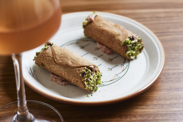 Cannoli filled with chicken-liver parfait.