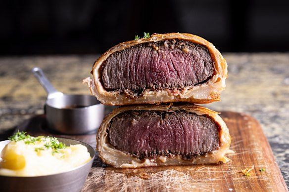 The cross-section of the beef Wellington.