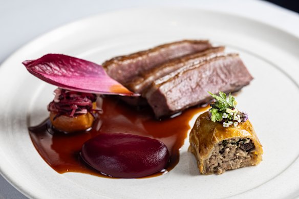 The Great Ocean Road duck dish comprises glazed, roasted breast with a mini sausage roll.