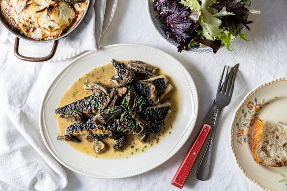 Roasted flathead, salad and potato bake.