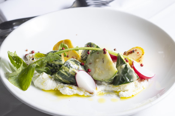 Zucchini and radishes with pink peppercorns and house-made ricotta.