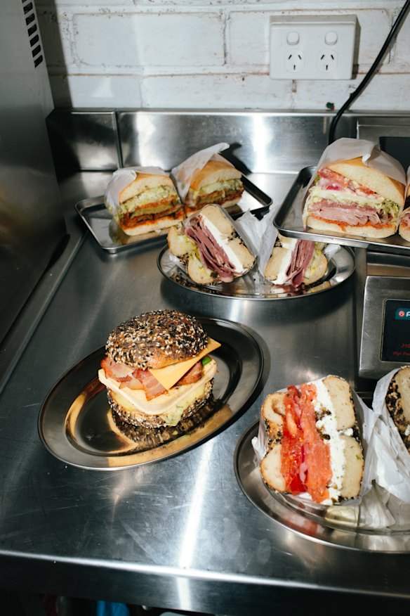 Assorted bagels including the morning bagel, morta-deli bagel and salmon bagel. 