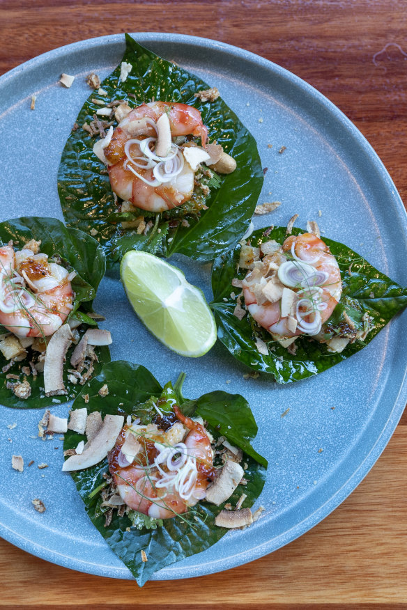 Miang kham with a spicy mix of prawns, jicama, coconut and peanuts.
