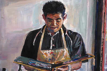 Archibald Prize 2023 finalist, Daniel Kim ’Self-portrait, holding memories, my mentor Greg Warburton, acrylic on canvas.
