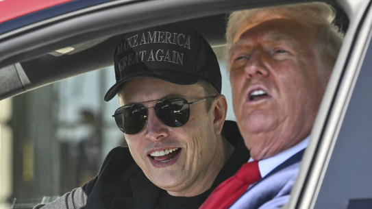 Elon Musk and Donald Trump in a Tesla at the White House.