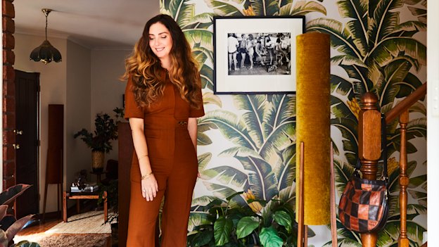 In keeping with the retro-inspired decor, Tamara installed this tropical-look wallpaper by Sydney designer Bethany Linz.     