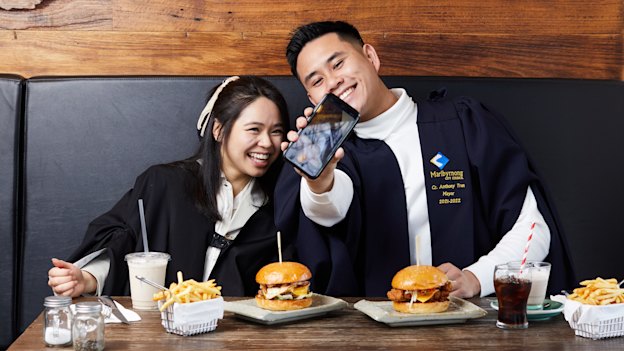 Jasmine Nguyen and Anthony Tran at the Found 401 burger cafe in Sunshine, in Nguyen’s western Melbourne electorate. “It helps to have someone you know to go through all the emotions with you,” says Tran.