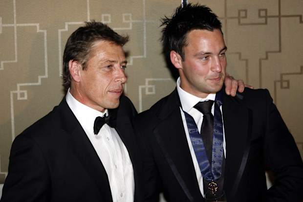 Geelong coach Mark Thompson with his player and Brownlow Medal winner Jimmy Bartel.