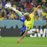 Richarlison of Brazil scores their team’s second goal.