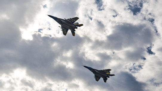 Two MIG-29 planes fly over in honour of Ukrainian F-16 pilot Oleksiy Mest during his burial in Shepetivka, in Khmelnytskyi Oblast (province) , Ukraine. 