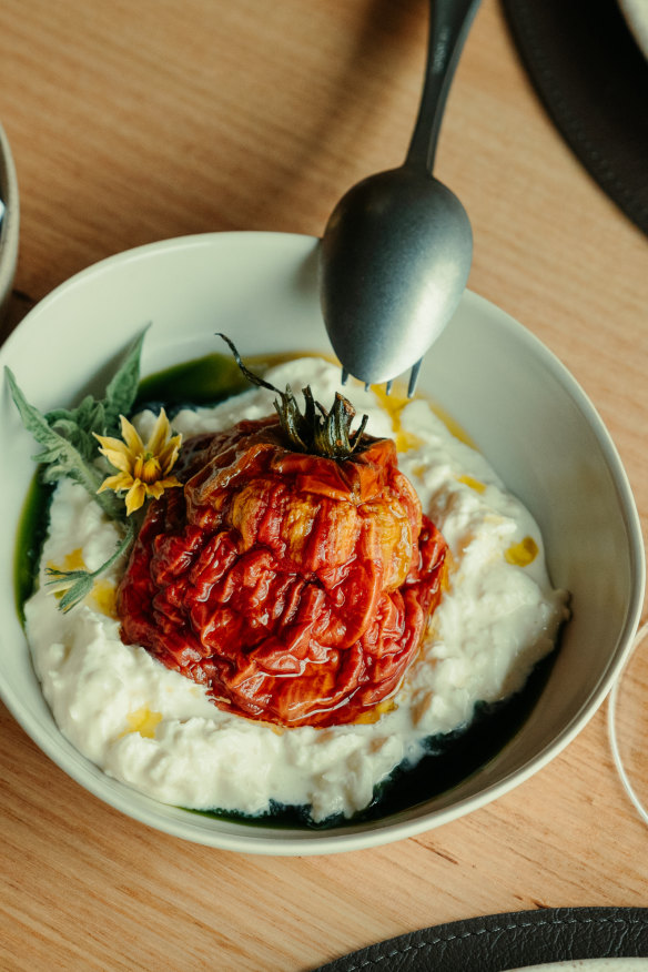 Dried tomato with smoked stracciatella.