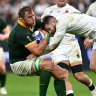 PARIS, FRANCE - OCTOBER 21: Duane Vermeulen of South Africa is tackled by Jonny May of England during the Rugby World Cup France 2023 match between England and South Africa at Stade de France on October 21, 2023 in Paris, France. (Photo by Dan Mullan/Getty Images)