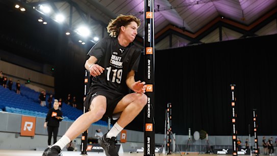 Jordan Croft, son of former Bulldog Matthew, in action at the draft combine.
