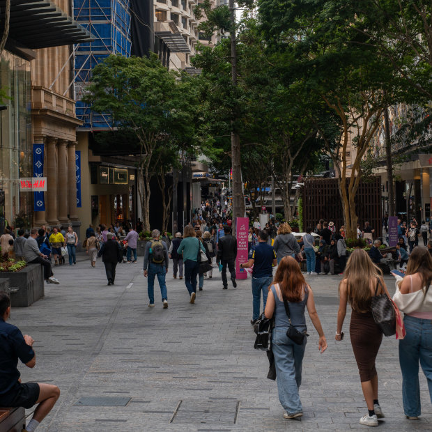 Vacancy rates are high but foot traffic is up in Brisbane’s Queen Street Mall. 