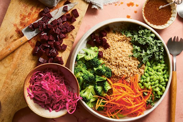 Pickled cabbage and quinoa rainbow salad with miso dressing.