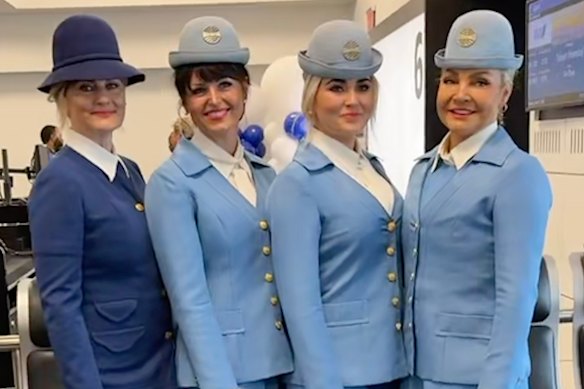 Cabin crew were clad in classic Pan Am uniform of pastel-blue jackets and hats.