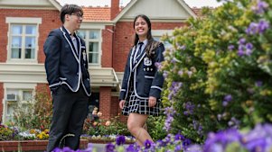 VCE results story about high-achieving schools for different subjects, Caulfield Grammar students Angus Grant and Julia Ades studied politics, a new VCE subject after global politics and australian politics were collapsed into one subject. 
