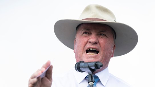 Opposition spokesman for veterans affairs Barnaby Joyce during the rally against renewable energy.
