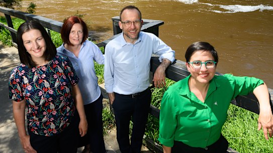 Victorian Greens MP Ellen Sandell, Yarra riverkeeper Charlotte Sterrett, federal Greens MP Adam Bandt and Richmond hopeful Gabrielle de Vietri.