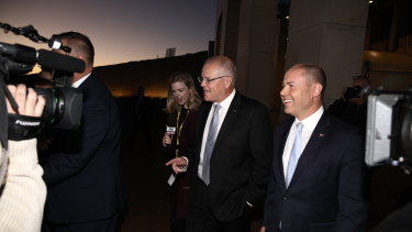 Prime Minister Scott Morrison and Treasurer Josh Frydenberg at post-budget interviews after the release of the 2019 budget. 