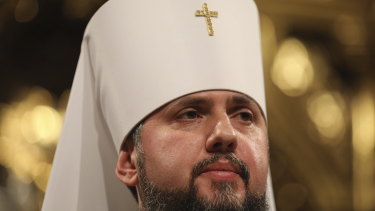 Ukraine's new head of the Ukrainian Orthodox church, Metropolitan Epiphanius, speaks during a closed-door synod of three Ukrainian Orthodox churches to approve the charter for a unified church and to elect leadership in the St. Sophia Cathedral in Kiev, Ukraine, on Saturday.