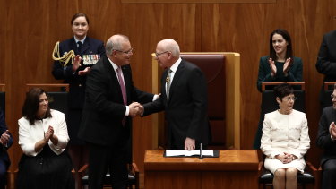 Prime Minister Scott Morrison congratulates General David Hurley after he was sworn in as Australia's 27th Governor-General.