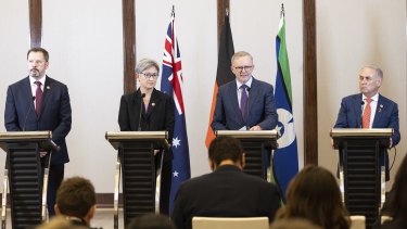Industry and Science Minister Ed Husic, Foreign Affairs Minister Penny Wong, Prime Minister Anthony Albanese and Trade and Tourism Minister Don Farrell during a press conference in Jakarta on Monday.