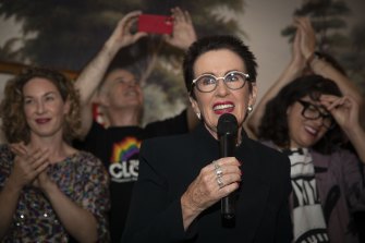 Clover Moore addresses supporters at her post-election party in Darlinghurst on Saturday night.