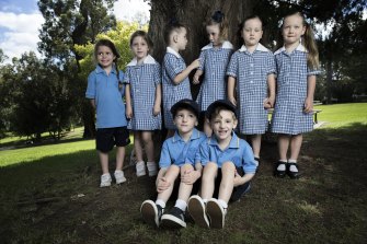 Soon-to-be Camden South Public School students Charles and Christopher Mungovan sit in front of their new friends ahead of the school term. Behind them are Everly and Hazel Starr, Leilani and Makayla Biggs, and Isla and Eden Harvey.